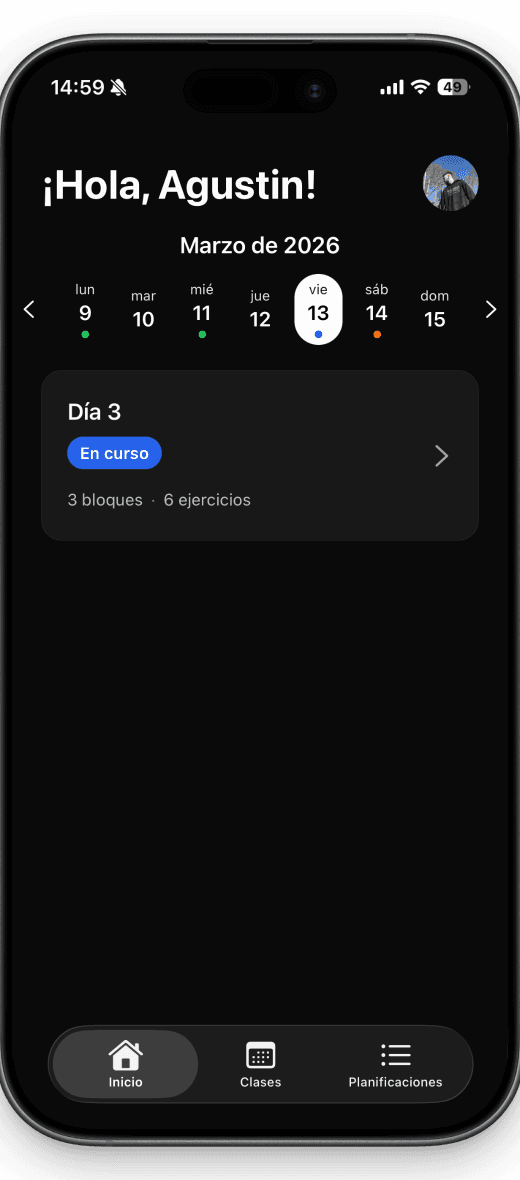 App móvil de MAT mostrando la rutina del día