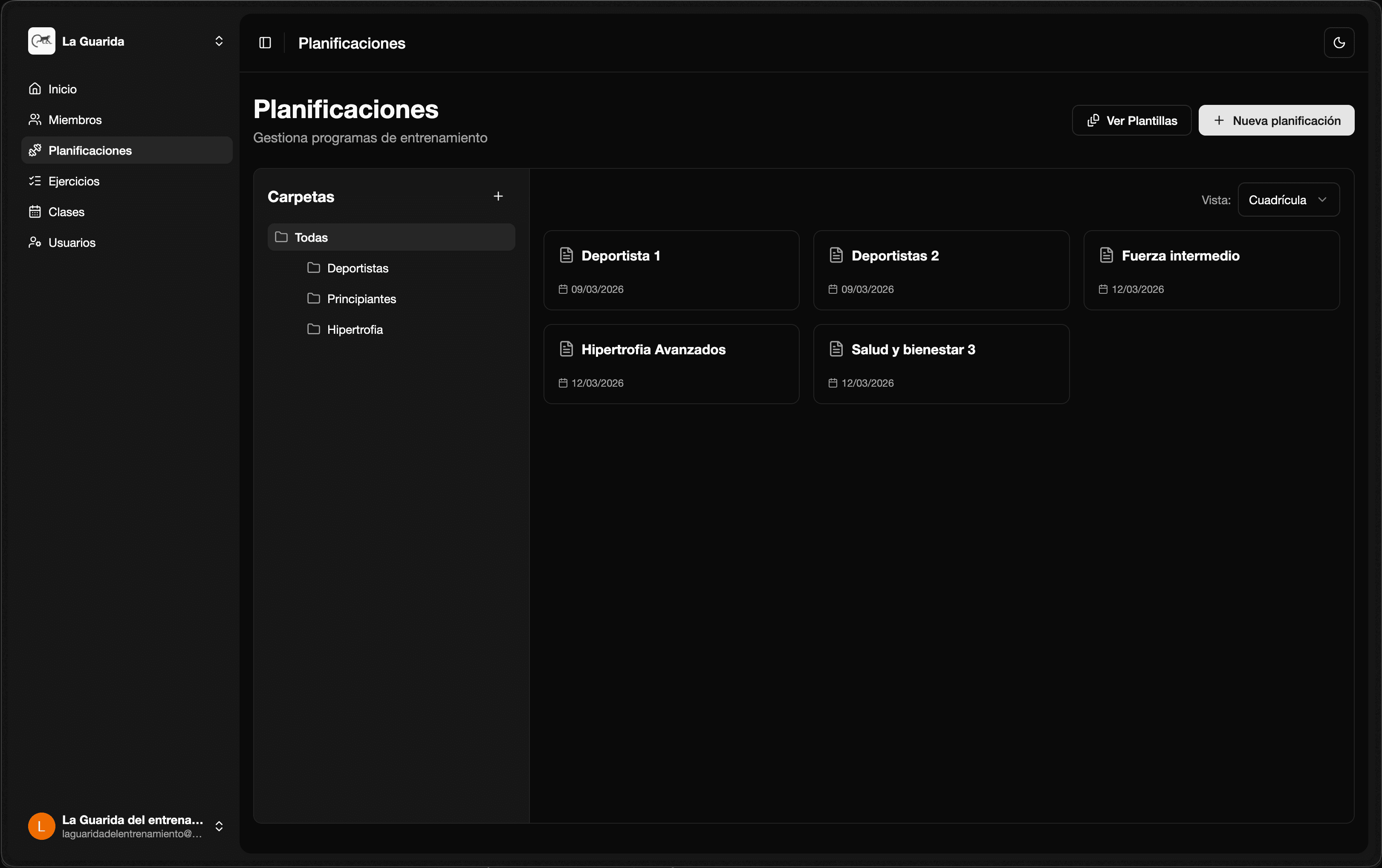 Panel web de MAT con planificaciones y gestión del gimnasio